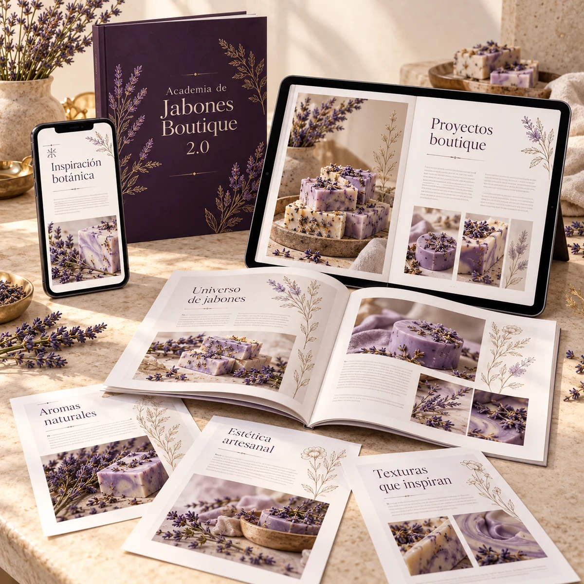Mockup del producto digital Academia de Jabones Boutique 2.0, con páginas abiertas en tablet, móvil y una impresión ilustrativa
