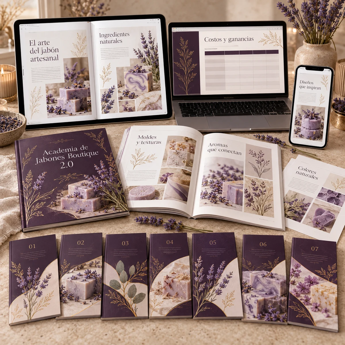 Mockup del pack digital: Academia de Jabones Boutique 2.0 y sus siete bonos